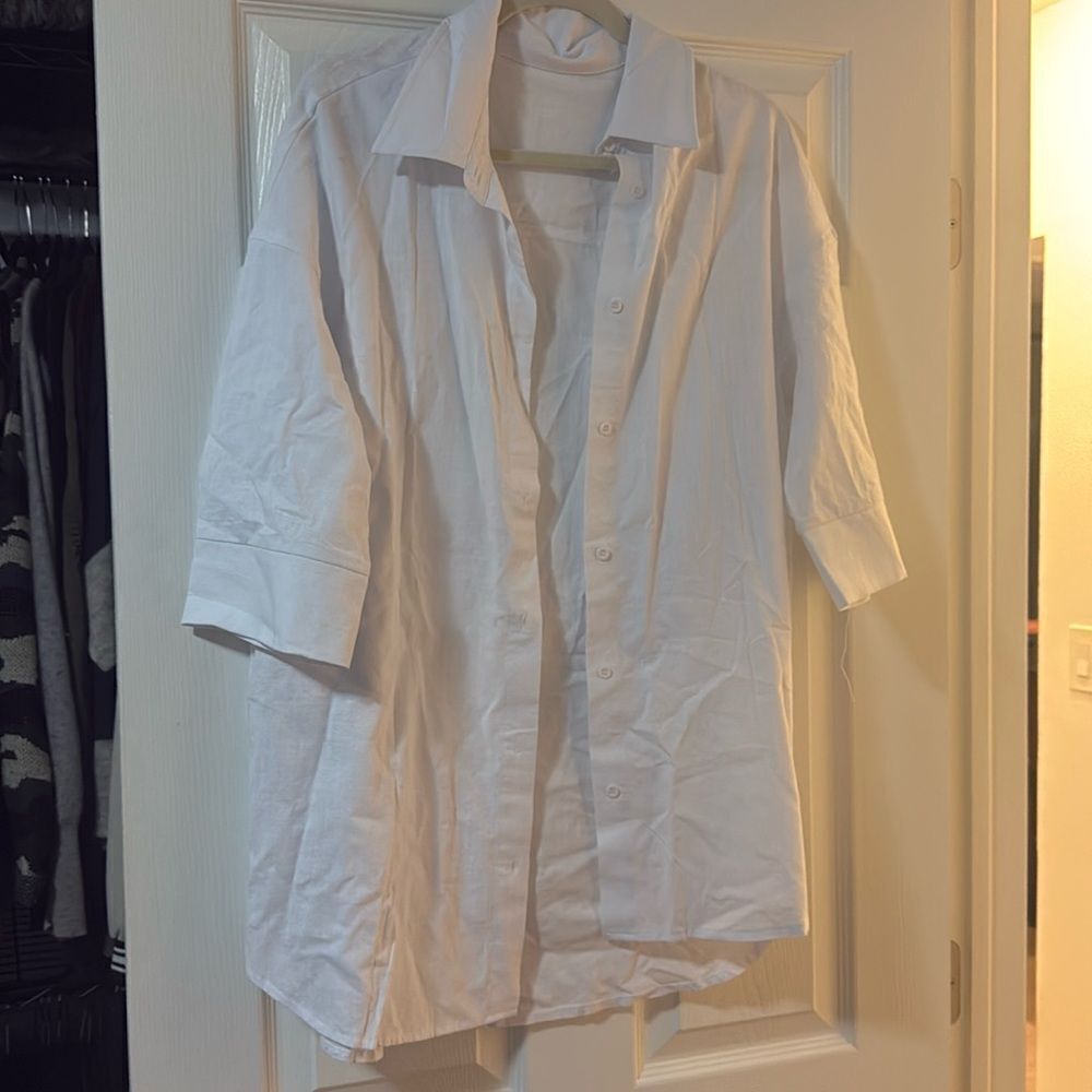 White Oversize Short Sleeve Button Down - NEW - White Top / Coverup